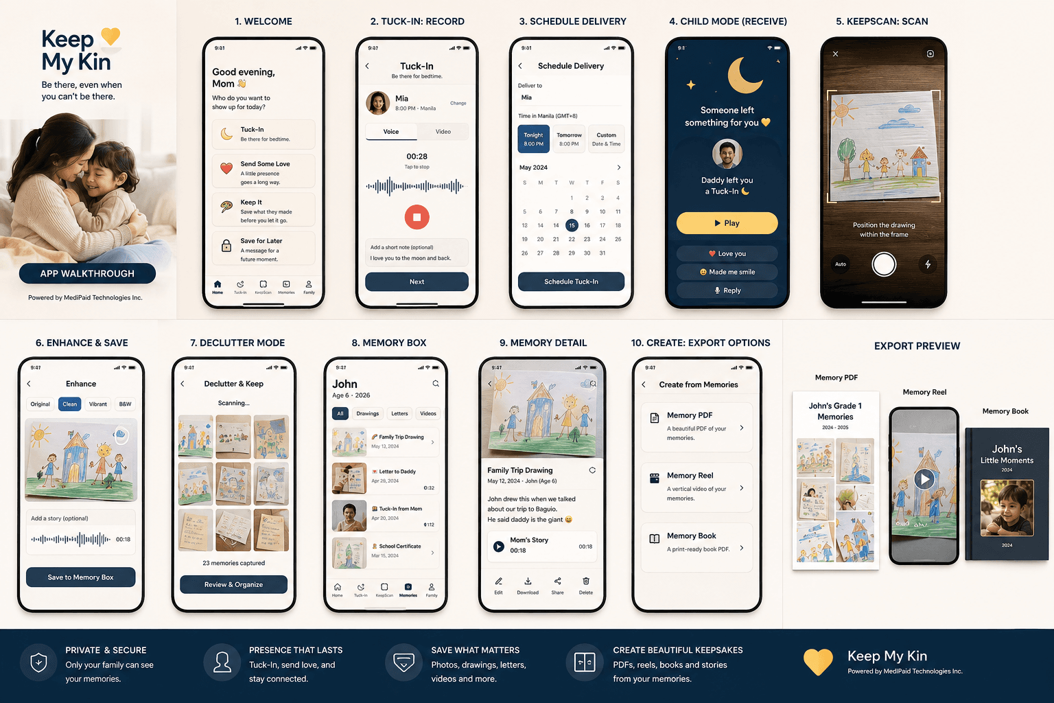 A walkthrough of Keep My Kin: the home screen, recording a Tuck-In, scheduling it for bedtime in Manila, a child receiving and replying to it, scanning a drawing with KeepScan, enhancing and saving it, Declutter Mode capturing a stack of school papers, a child's Memory Box timeline, a memory's detail with the story behind it, and the Create screen exporting a Memory PDF, Reel and Memory Book.